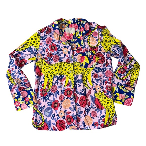 Anthropologie Agathe Singer Blue and Pink Patterned floral & cheetah Pajama top - Picture 2 of 4
